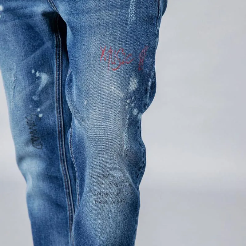 Men's Autumn/Winter Ripped Jeans With Letters Print