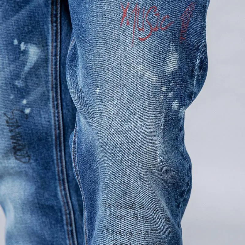 Men's Autumn/Winter Ripped Jeans With Letters Print