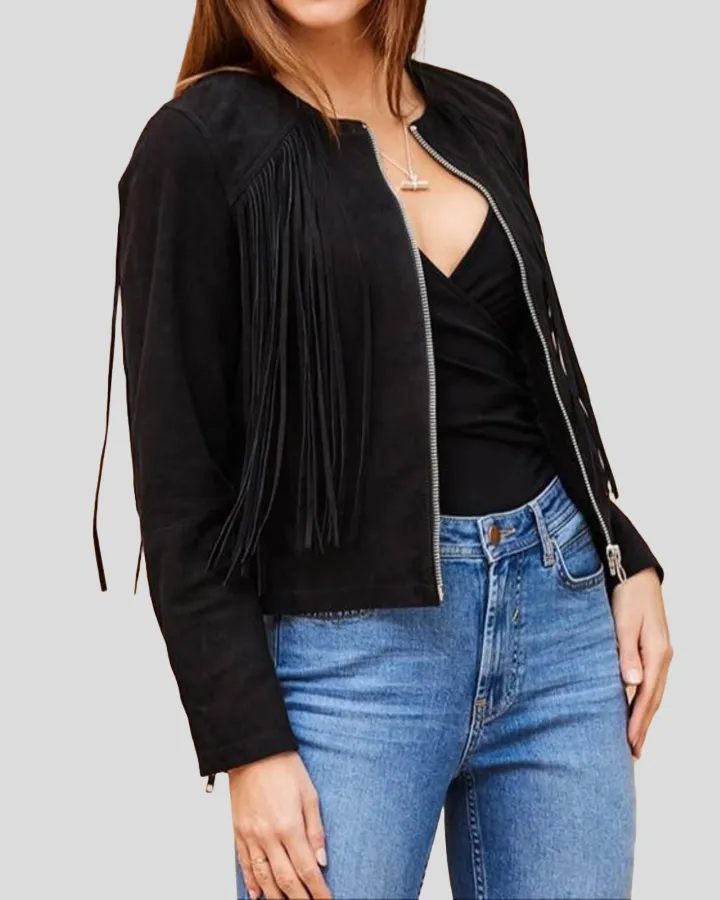 Midnight Black Suede Fringe Collar Less Leather Jacket