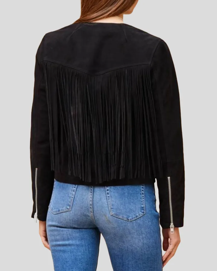 Midnight Black Suede Fringe Collar Less Leather Jacket