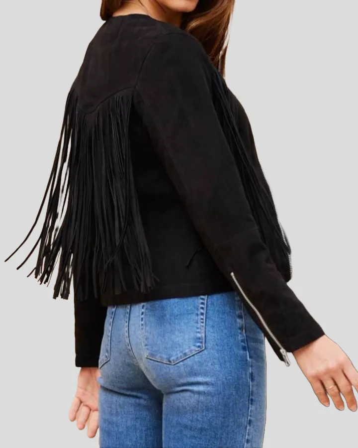 Midnight Black Suede Fringe Collar Less Leather Jacket