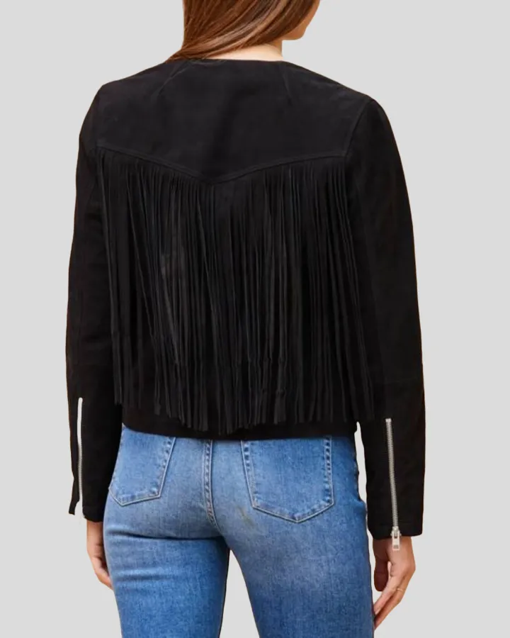 Midnight Black Suede Fringe Collar Less Leather Jacket