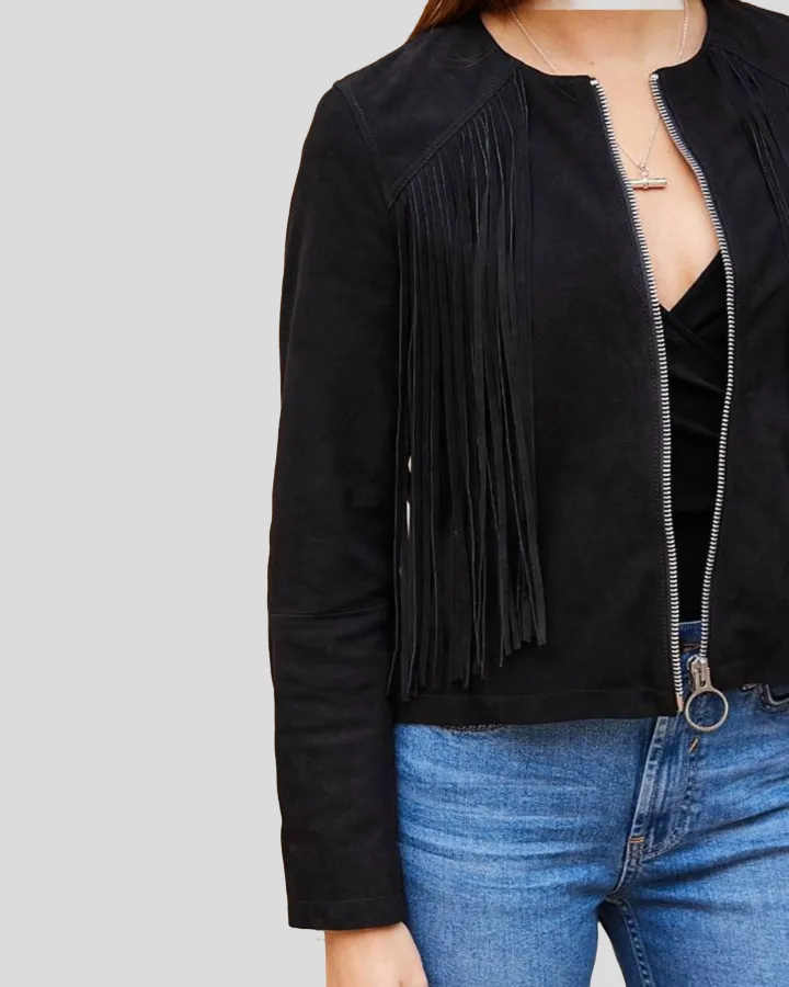 Midnight Black Suede Fringe Collar Less Leather Jacket