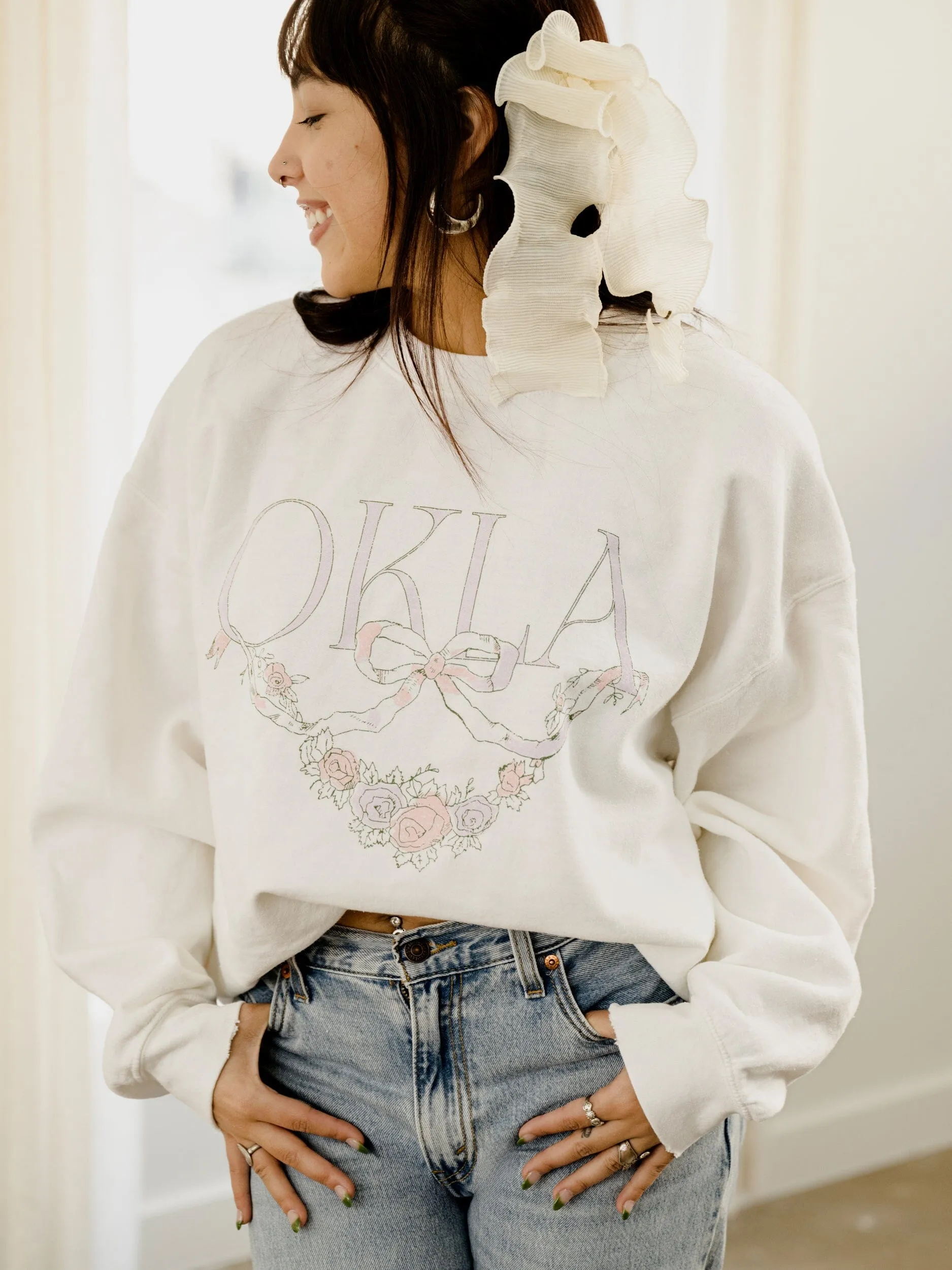 OKLA Swag White Thrifted Sweatshirt