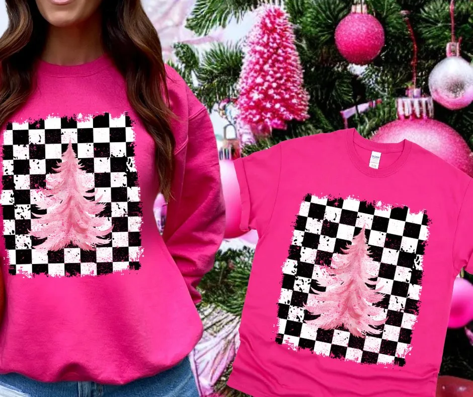 Pink Checkered Christmas Tree Pink Sweatshirt or Tshirt (FINAL SALE)