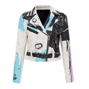 Punk Rock PU Leather Jacket for Women / Short Slim Graffiti Print Jackets