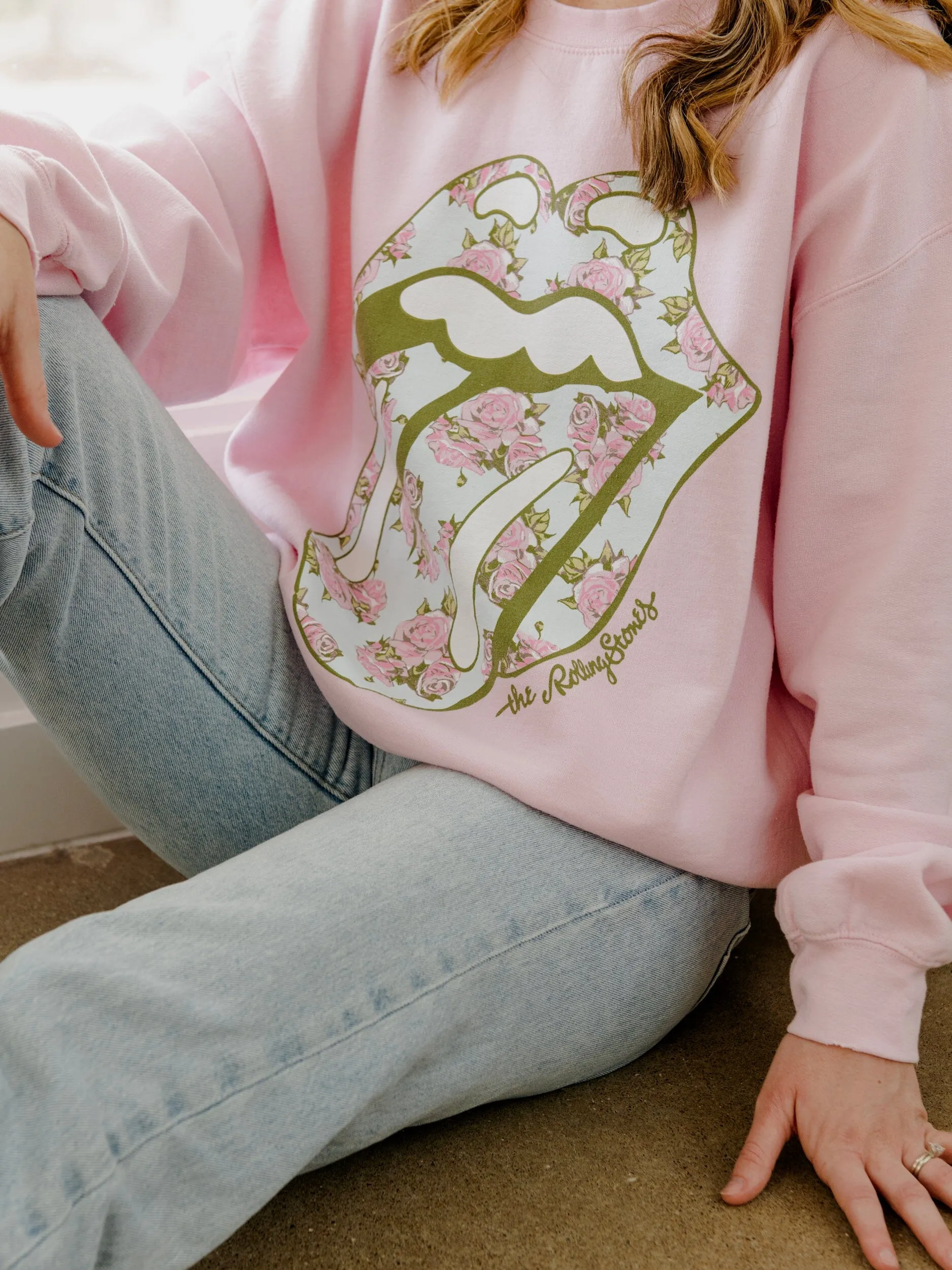 Rolling Stones Floral Lick Pink Thrifted Sweatshirt