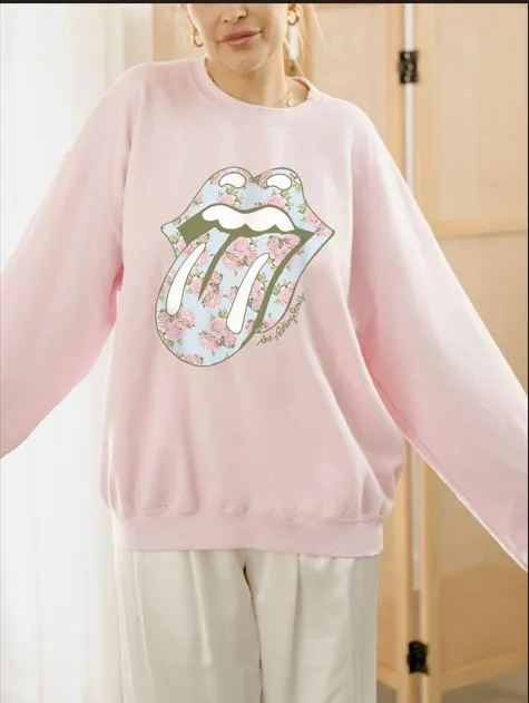 Rolling Stones Floral Lick Pink Thrifted Sweatshirt