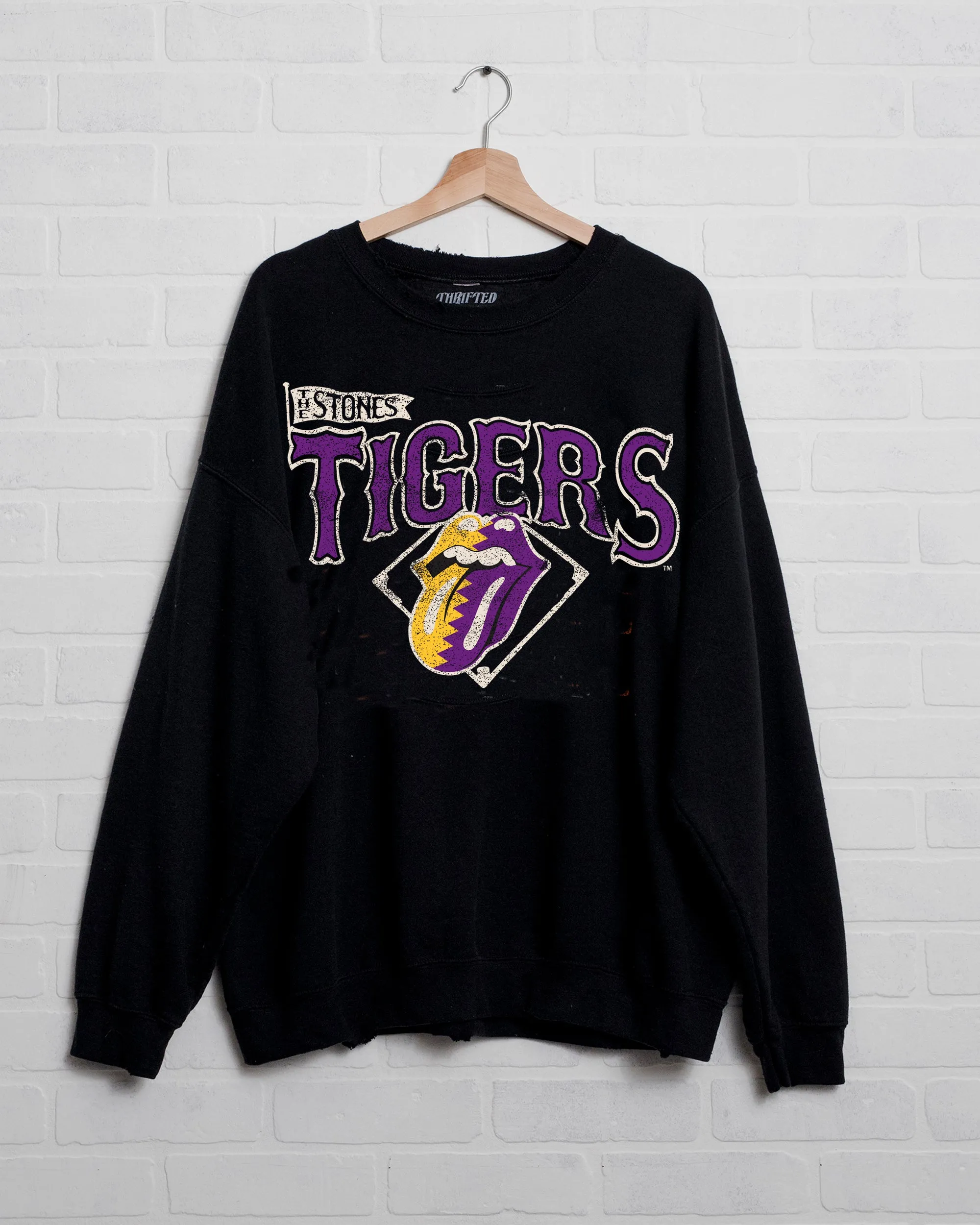 Rolling Stones LSU Tigers Baseball Diamond Black Thrifted Sweatshirt