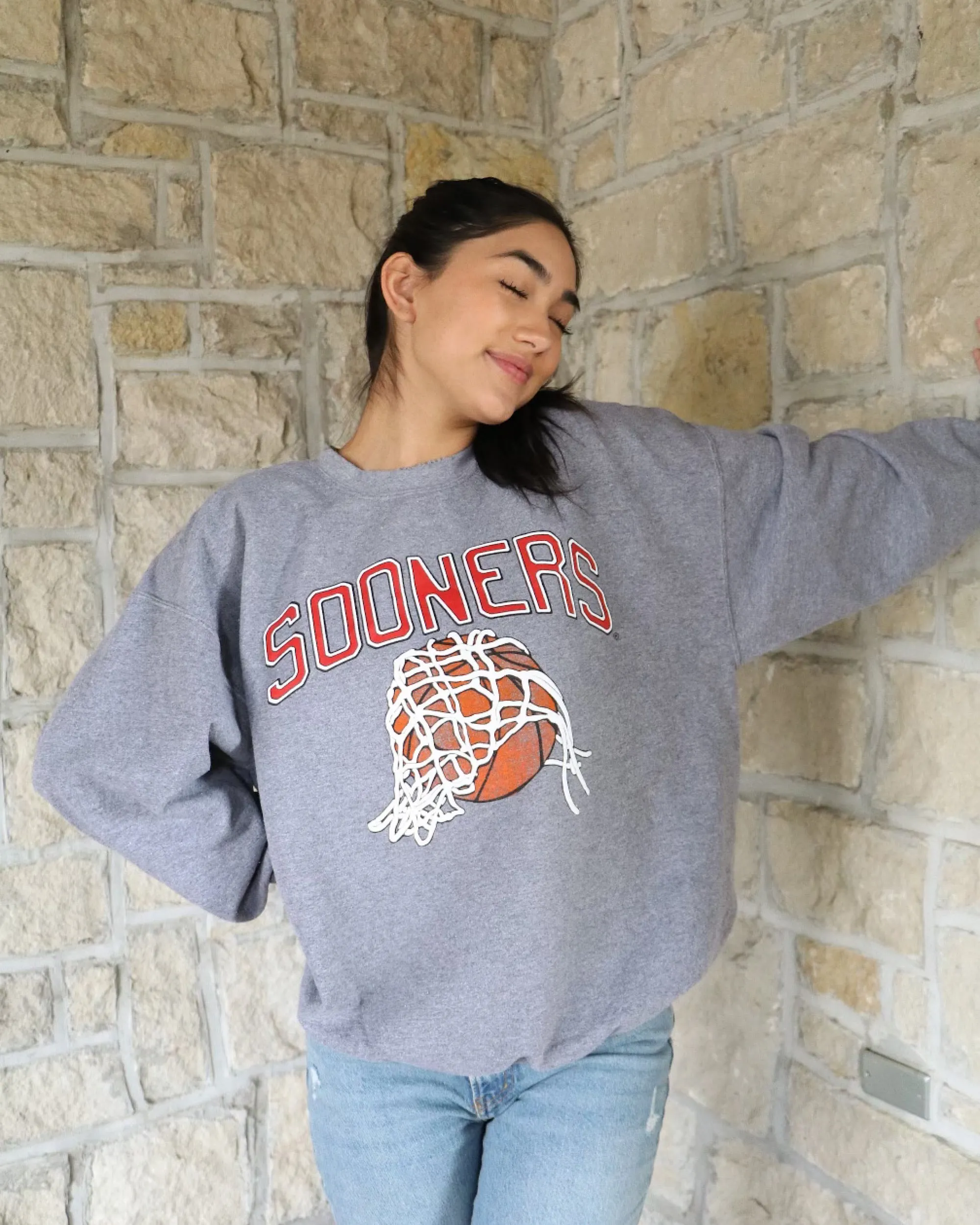 Sooners Basketball Fling Puff Ink Gray Thrifted Sweatshirt