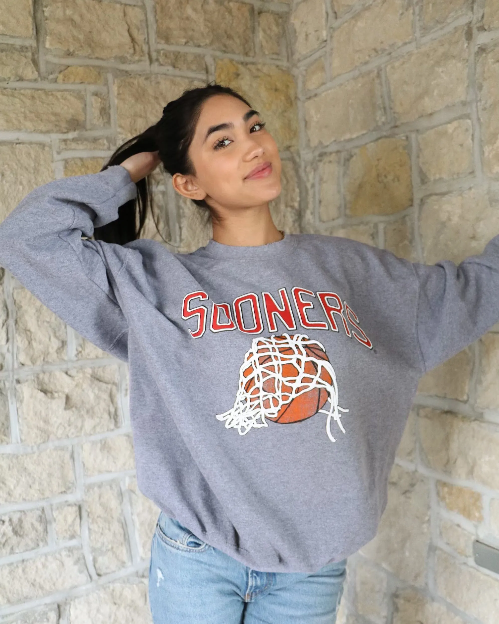 Sooners Basketball Fling Puff Ink Gray Thrifted Sweatshirt