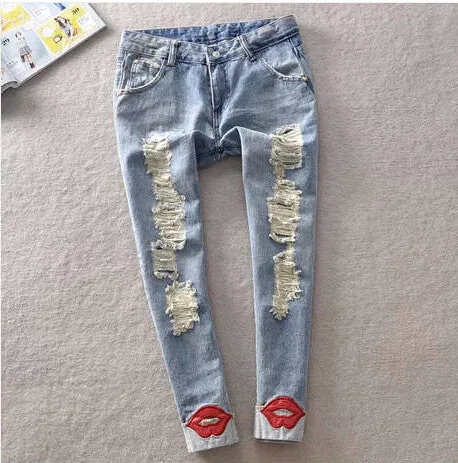 Spring Pencil Women's Jean Pants With Red Lips