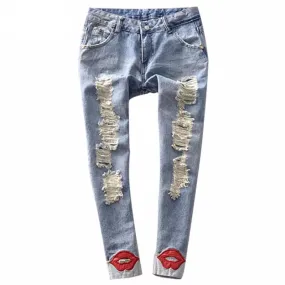 Spring Pencil Women's Jean Pants With Red Lips