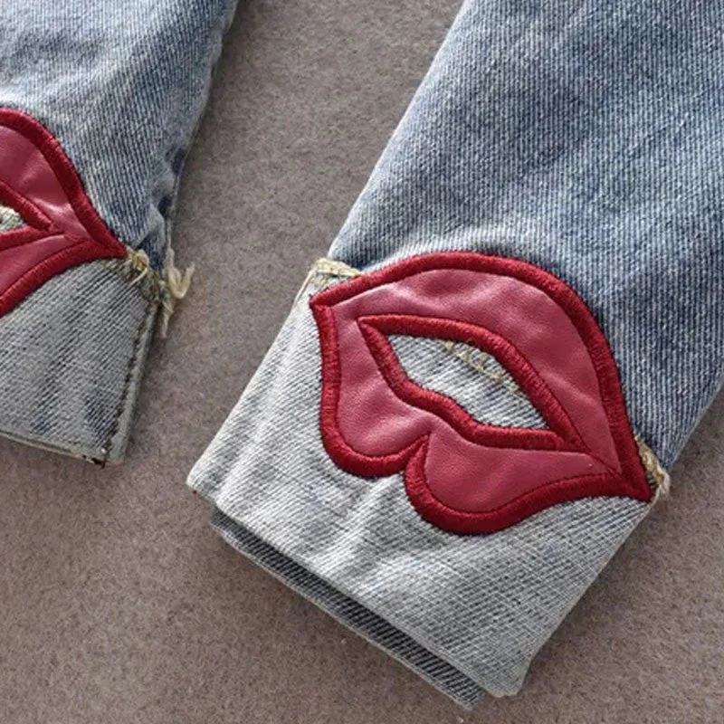 Spring Pencil Women's Jean Pants With Red Lips