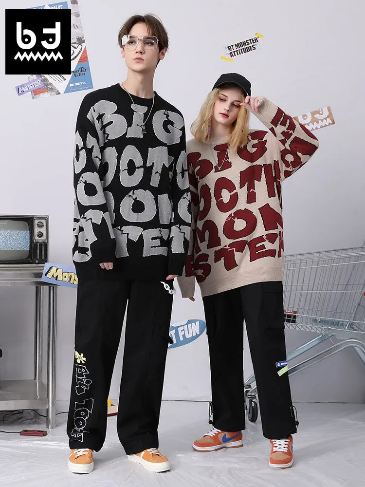 Street hip-hop graffiti alphabet jacquard round neck drop cuff pullover sweater