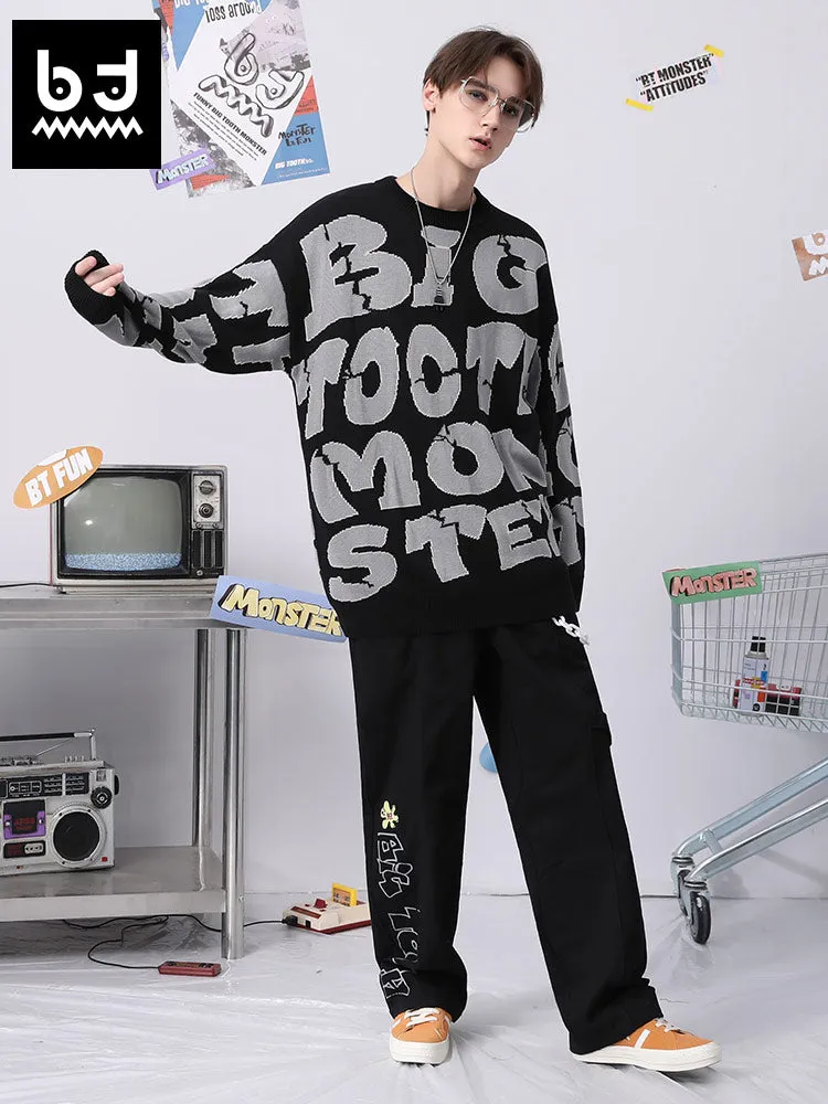 Street hip-hop graffiti alphabet jacquard round neck drop cuff pullover sweater