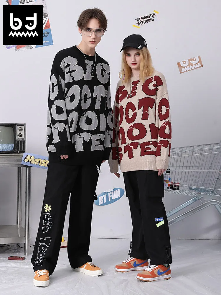 Street hip-hop graffiti alphabet jacquard round neck drop cuff pullover sweater