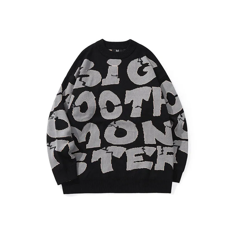 Street hip-hop graffiti alphabet jacquard round neck drop cuff pullover sweater