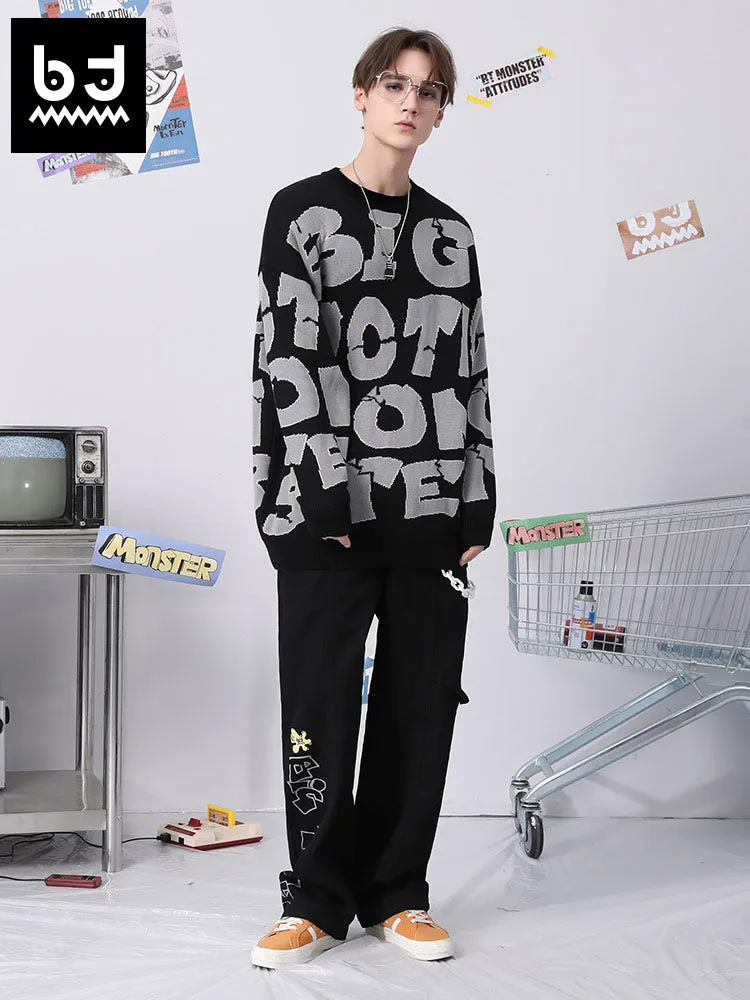 Street hip-hop graffiti alphabet jacquard round neck drop cuff pullover sweater