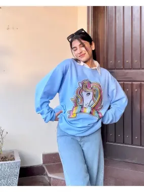 Unicorn Graphic Patched Oversized Sweatshirt Blue