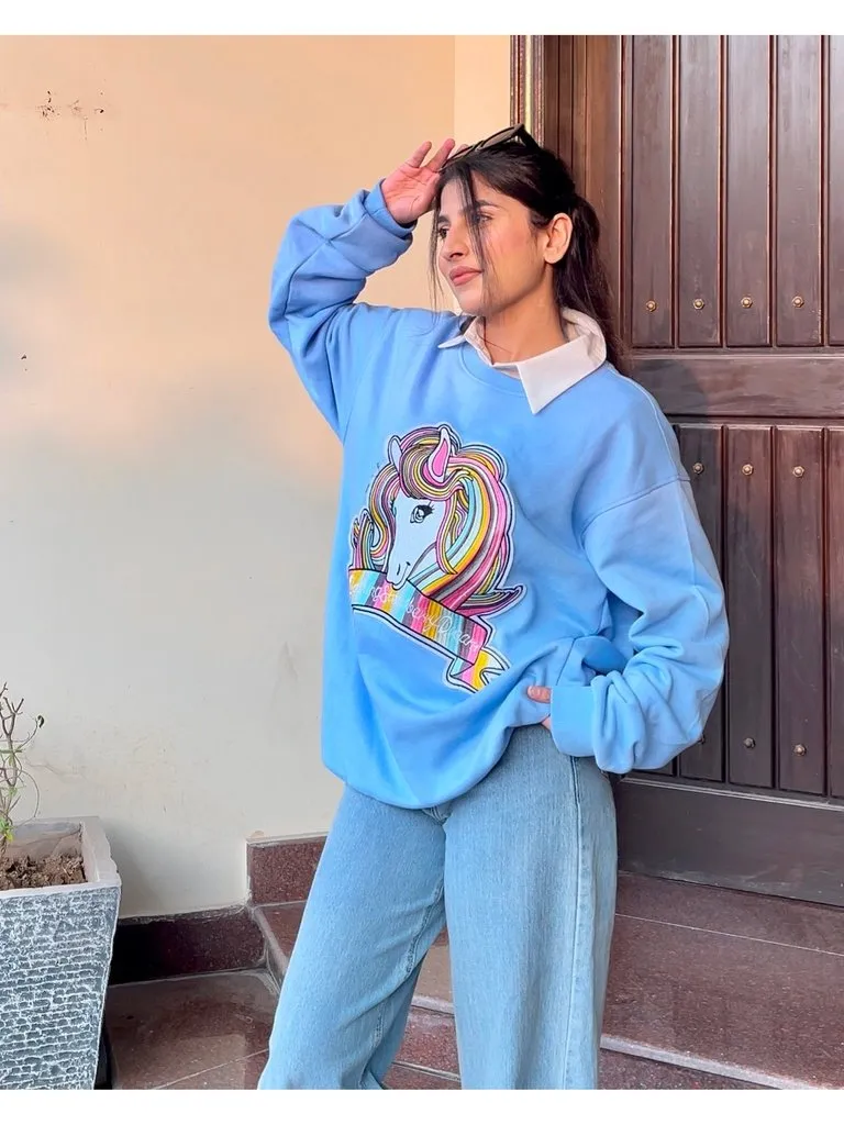 Unicorn Graphic Patched Oversized Sweatshirt Blue