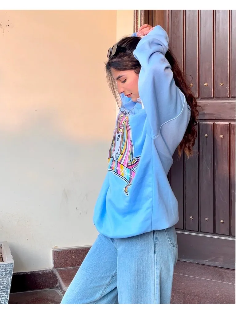 Unicorn Graphic Patched Oversized Sweatshirt Blue