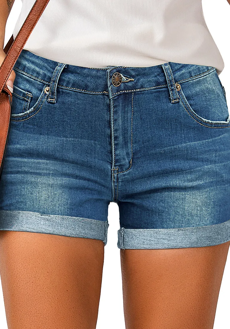 Vintage Medium BlueWomen's High Waisted Rolled Hem Distressed Jeans Ripped Denim Shorts