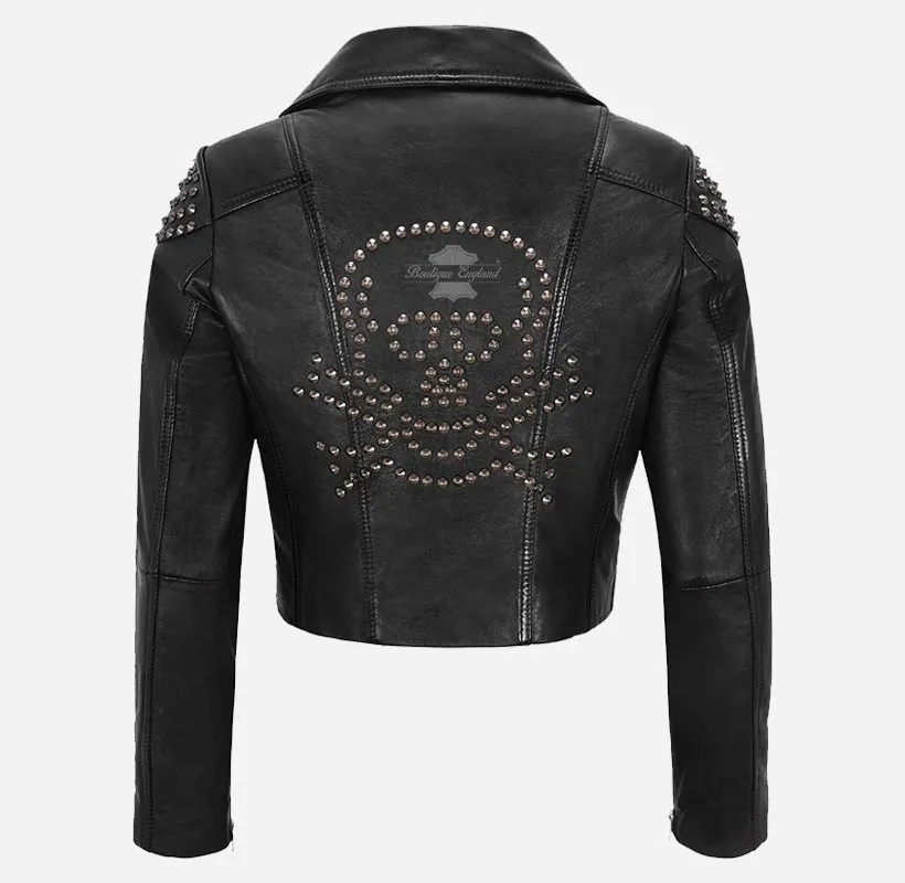 Vixen's Studded Skull Leather Biker Style Jacket For Women