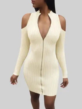 Wholesale Beige V-Neck Cold Shoulder Long Sleeve Plain Zip Back Mini Dress