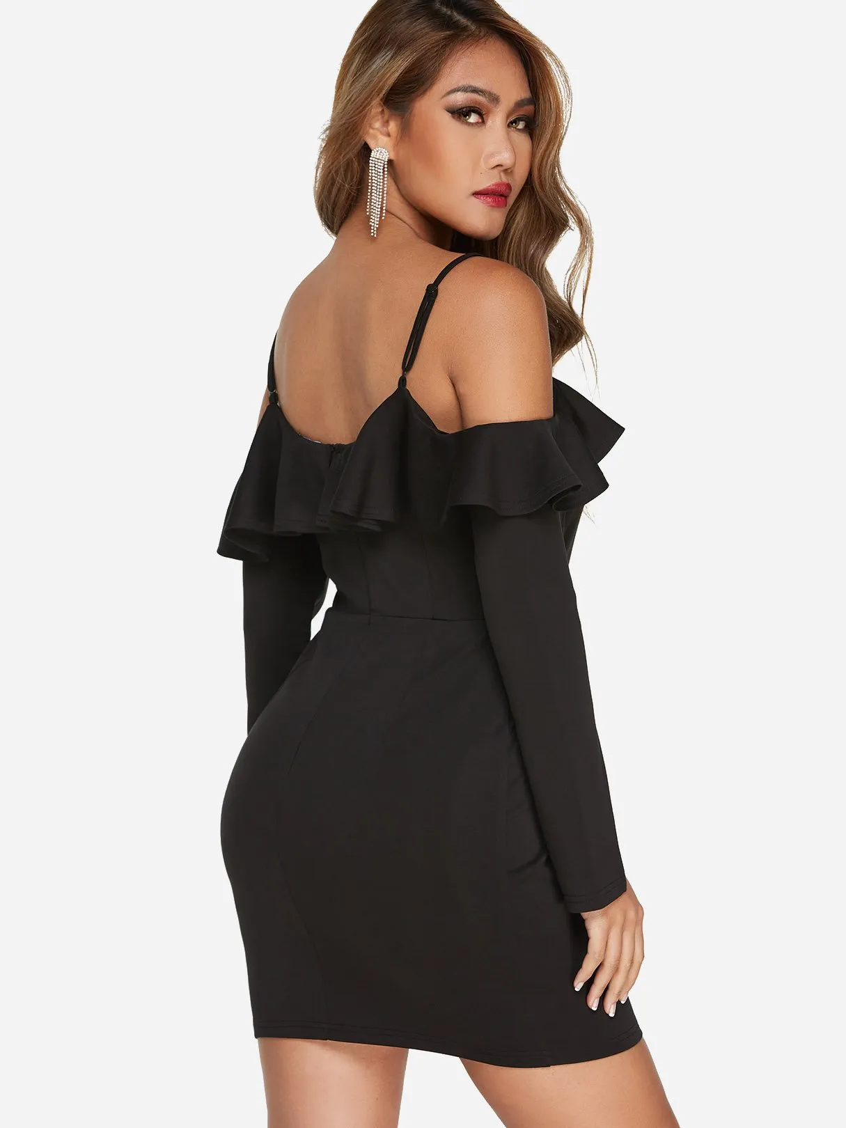 Wholesale Black Frill Neck Cold Shoulder Long Sleeve Plain Backless Dresses