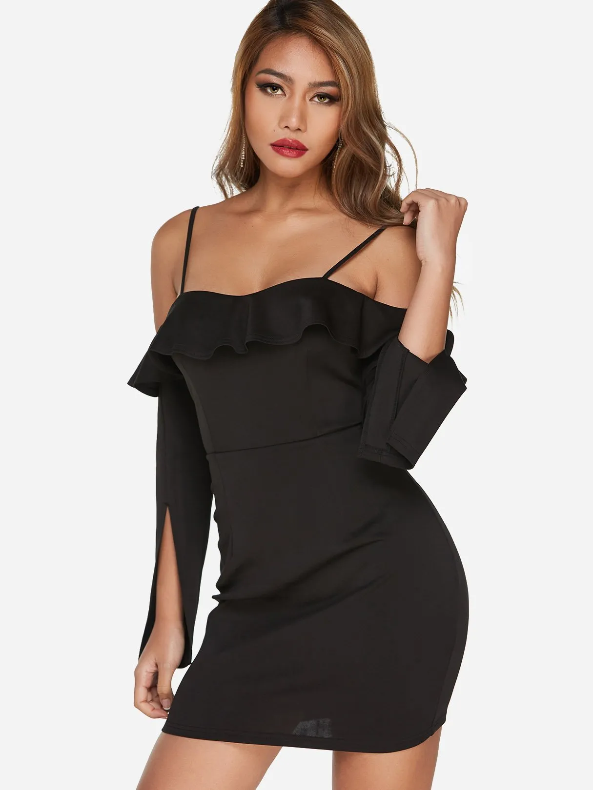 Wholesale Black Frill Neck Cold Shoulder Long Sleeve Plain Backless Dresses