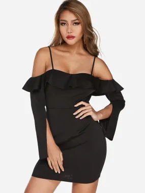 Wholesale Black Frill Neck Cold Shoulder Long Sleeve Plain Backless Dresses