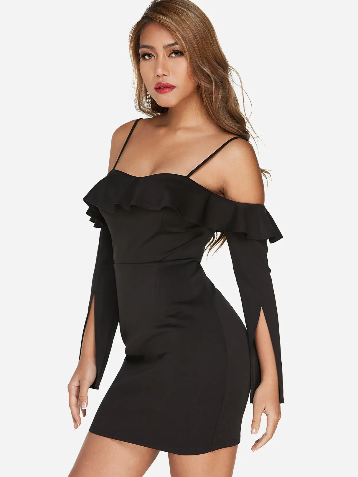 Wholesale Black Frill Neck Cold Shoulder Long Sleeve Plain Backless Dresses