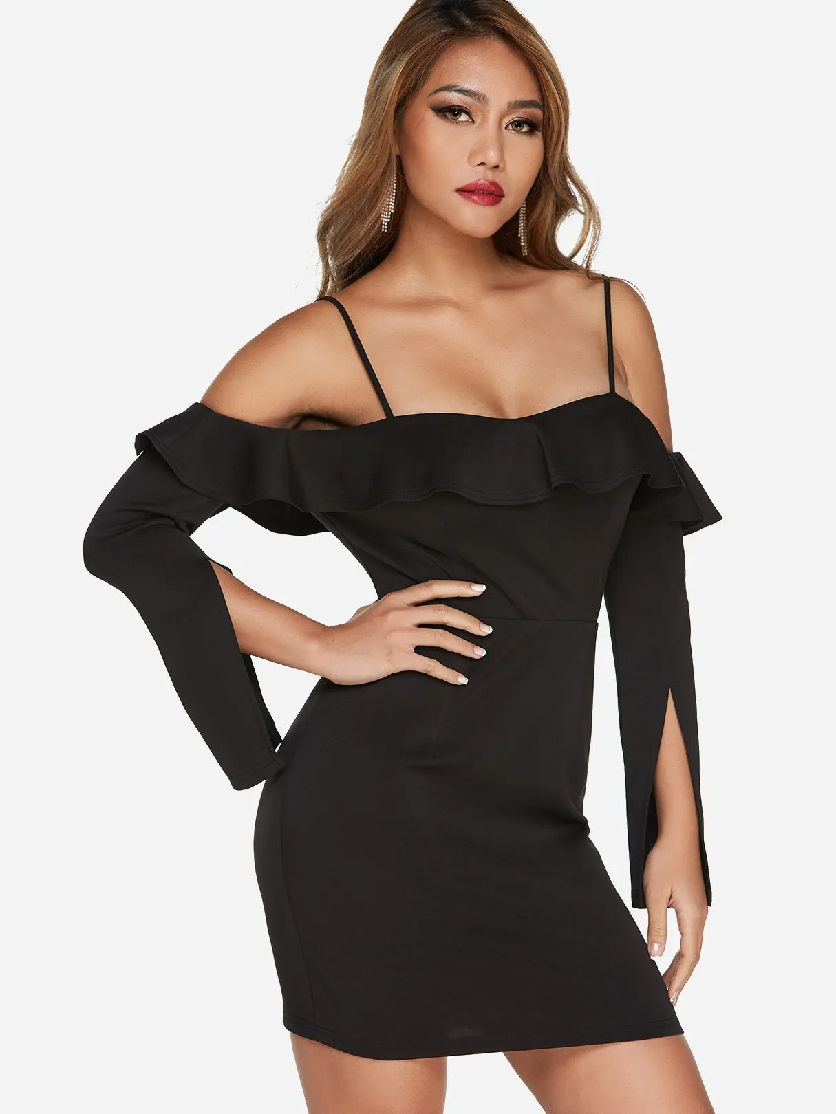 Wholesale Black Frill Neck Cold Shoulder Long Sleeve Plain Backless Dresses