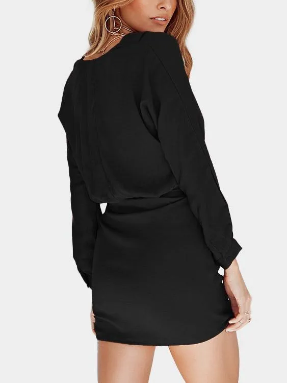 Wholesale Black Self-tie V-Neck Long Sleeve Mini Dress