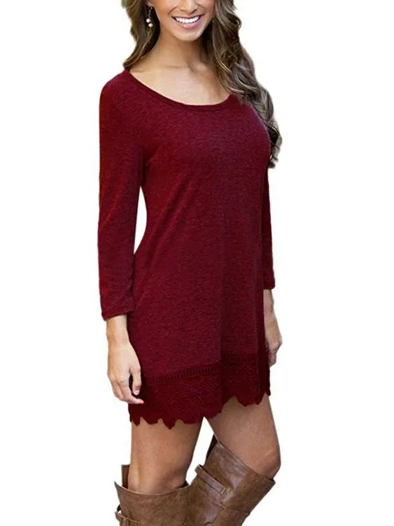 Wholesale Burgundy Round Neck Long Sleeve Lace Irregular Hem Mini Dress