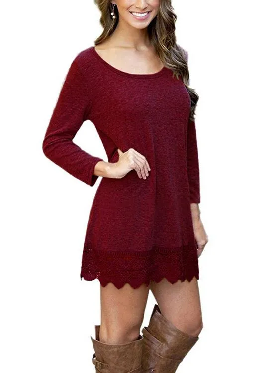 Wholesale Burgundy Round Neck Long Sleeve Lace Irregular Hem Mini Dress