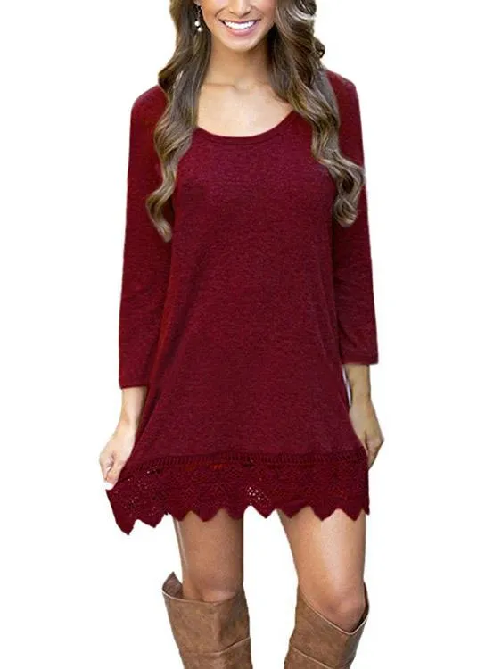 Wholesale Burgundy Round Neck Long Sleeve Lace Irregular Hem Mini Dress