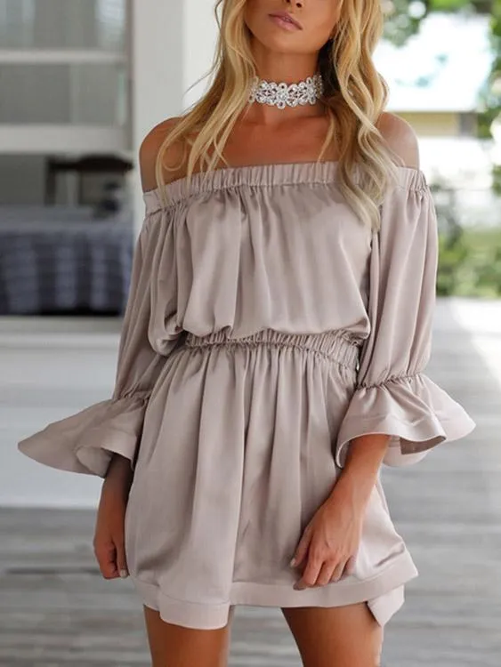 Wholesale Khaki Off The Shoulder 3/4 Sleeve Length Ruffle Hem Mini Dress