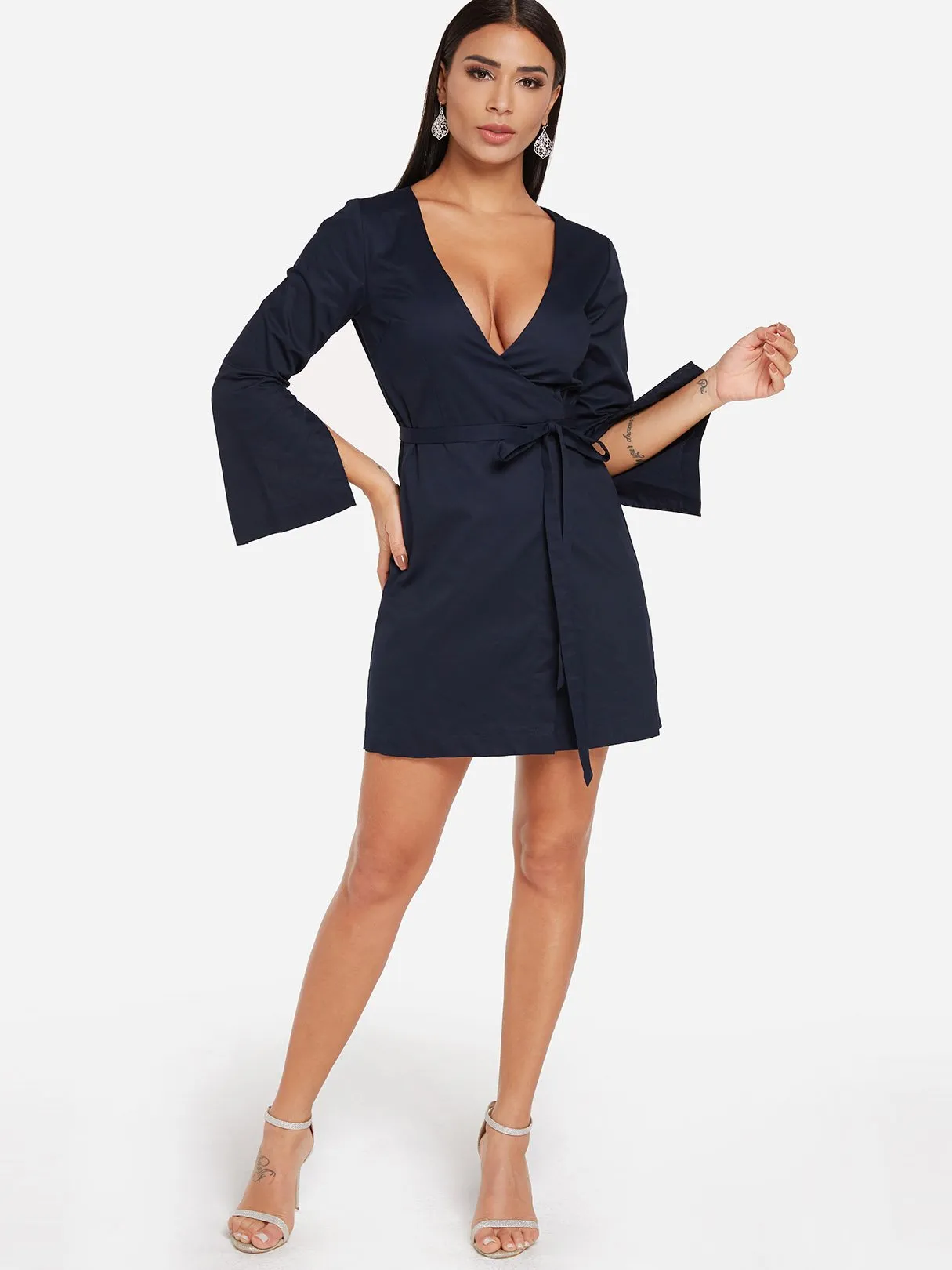 Wholesale Navy Deep V Neck Long Sleeve Lace-Up Criss-Cross Wrap Mini Dress