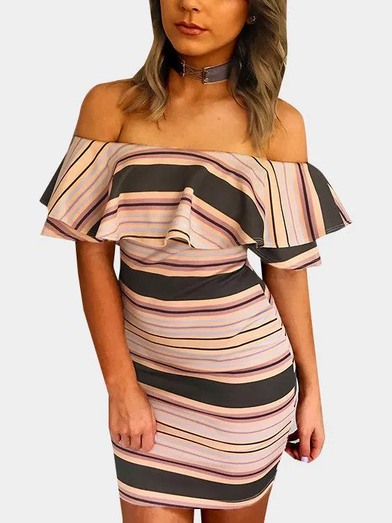 Wholesale Off The Shoulder Short Sleeve Stripe Bodycon Mini Dresses