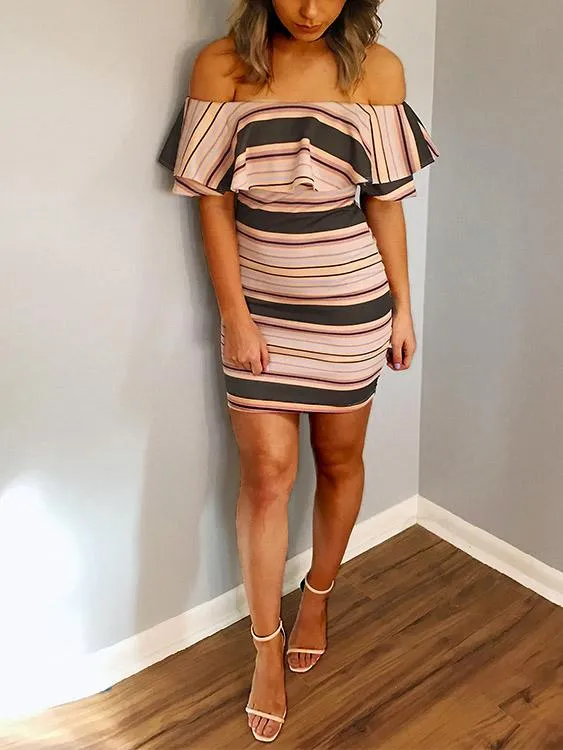 Wholesale Off The Shoulder Short Sleeve Stripe Bodycon Mini Dresses