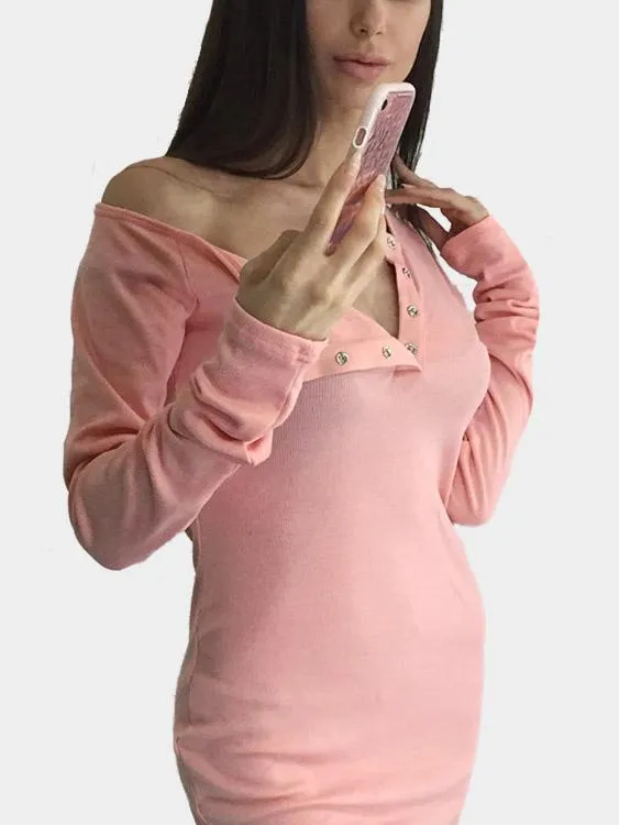 Wholesale Pink V-Neck Long Sleeve Plain Dresses