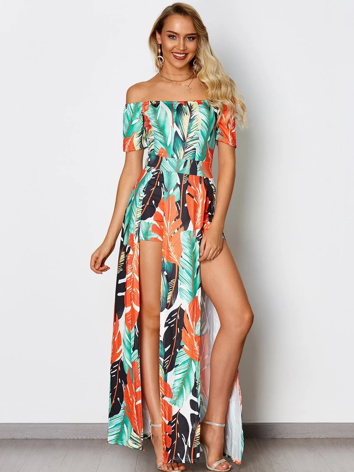 Wholesale Random Tropical Off The Shoulder Short Sleeve Slit Hem Dresses