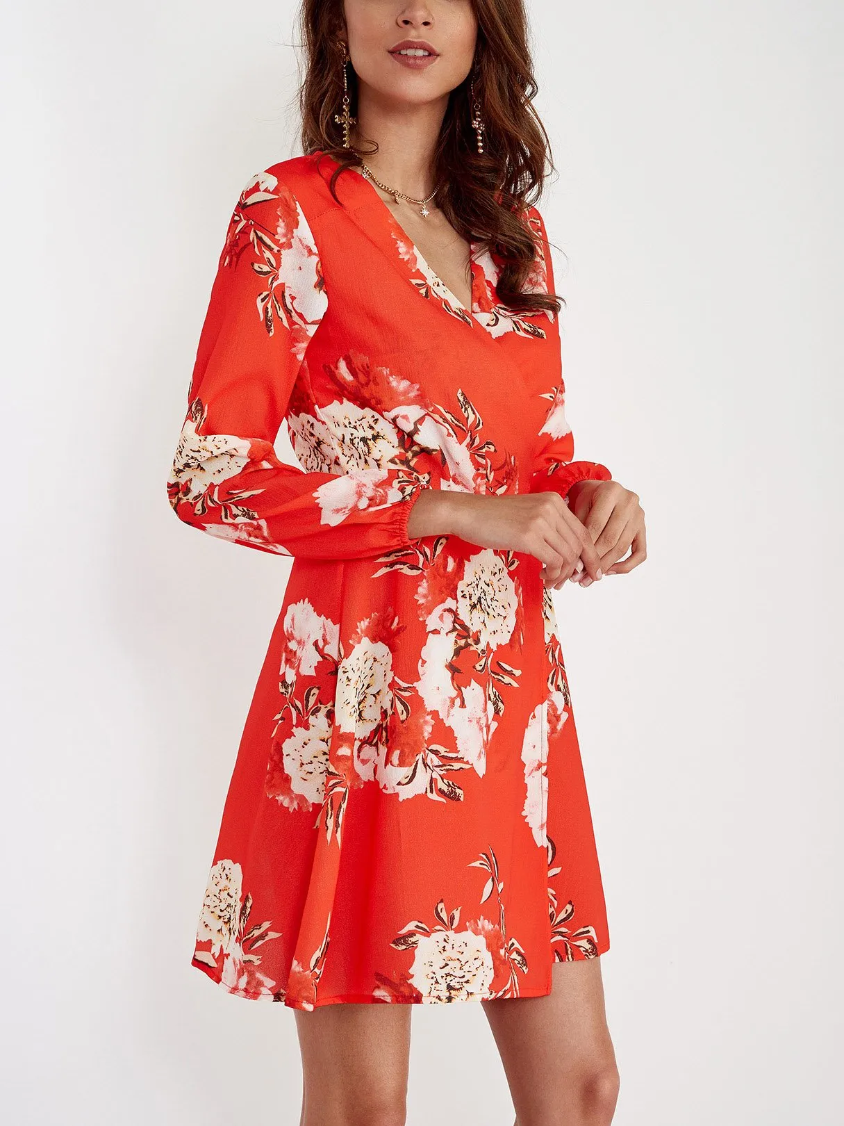 Wholesale Red V-Neck Long Sleeve Floral Print Crossed Front Wrap Mini Dress