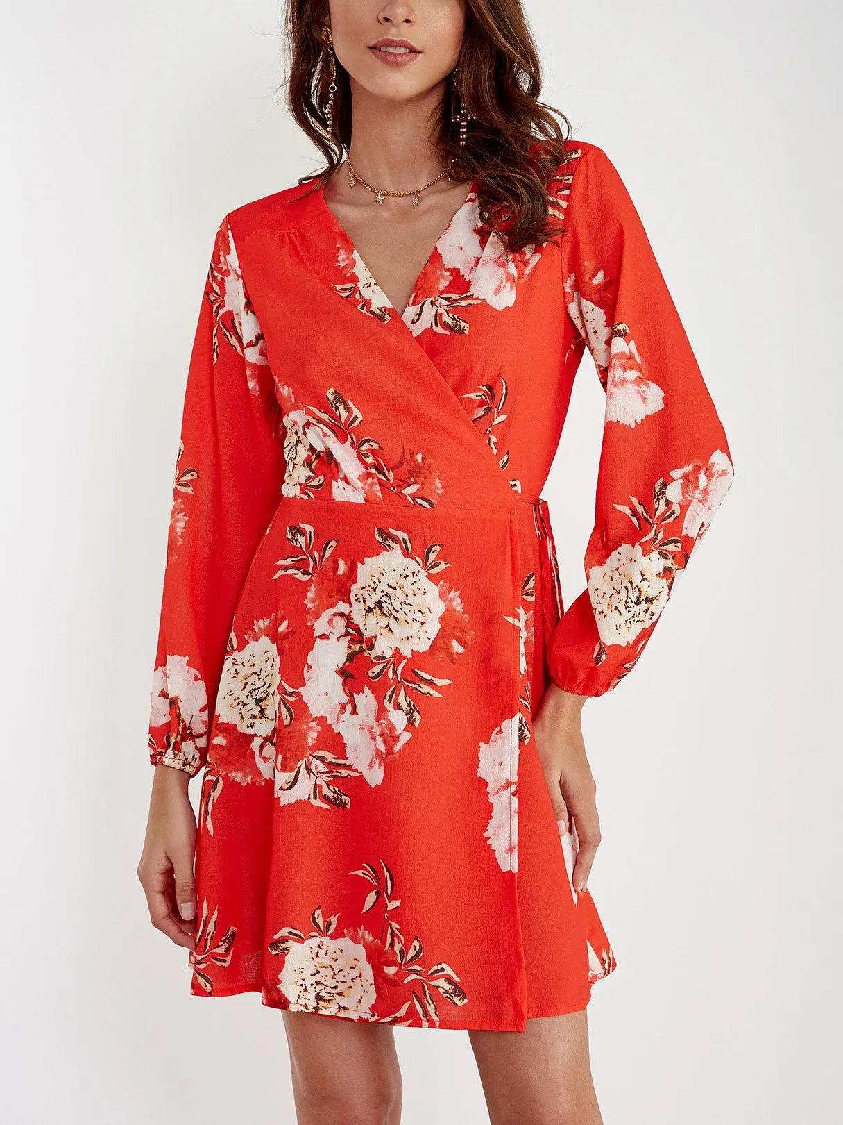 Wholesale Red V-Neck Long Sleeve Floral Print Crossed Front Wrap Mini Dress