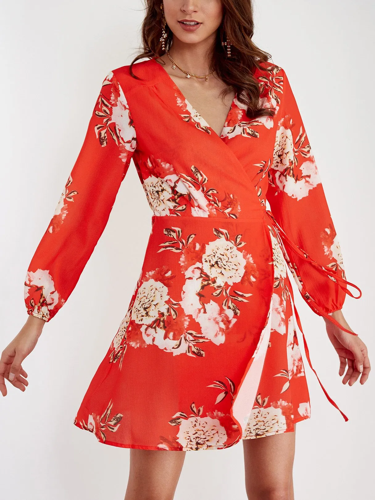 Wholesale Red V-Neck Long Sleeve Floral Print Crossed Front Wrap Mini Dress