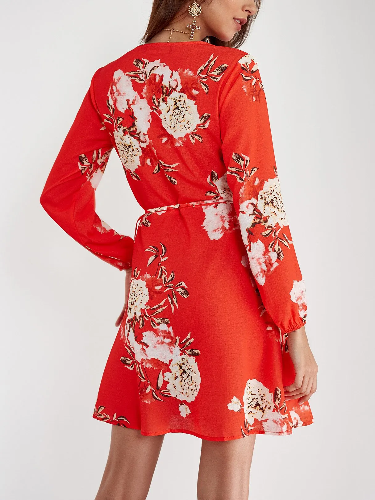 Wholesale Red V-Neck Long Sleeve Floral Print Crossed Front Wrap Mini Dress