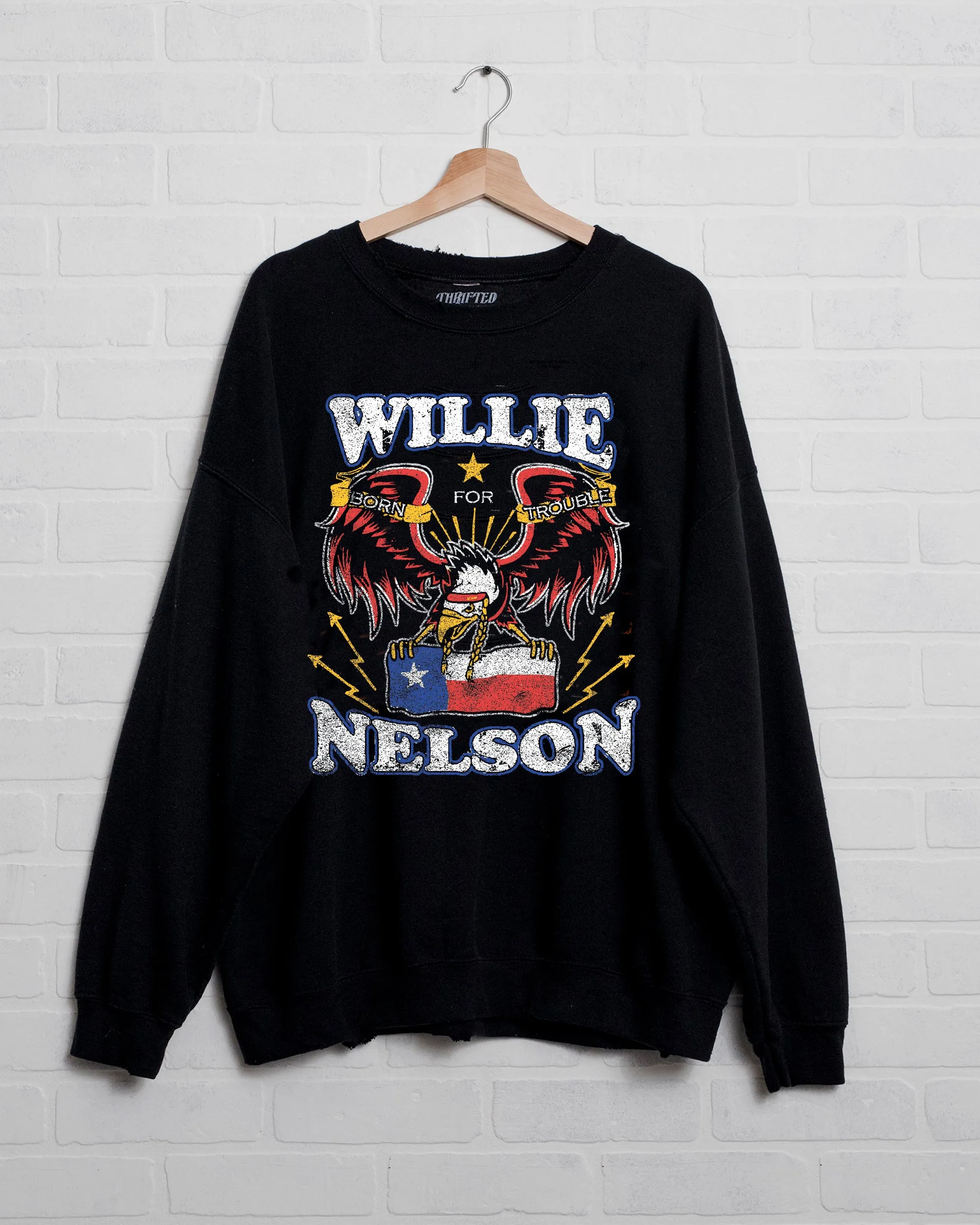 Willie Nelson Born For Trouble Black Thrifted Sweatshirt