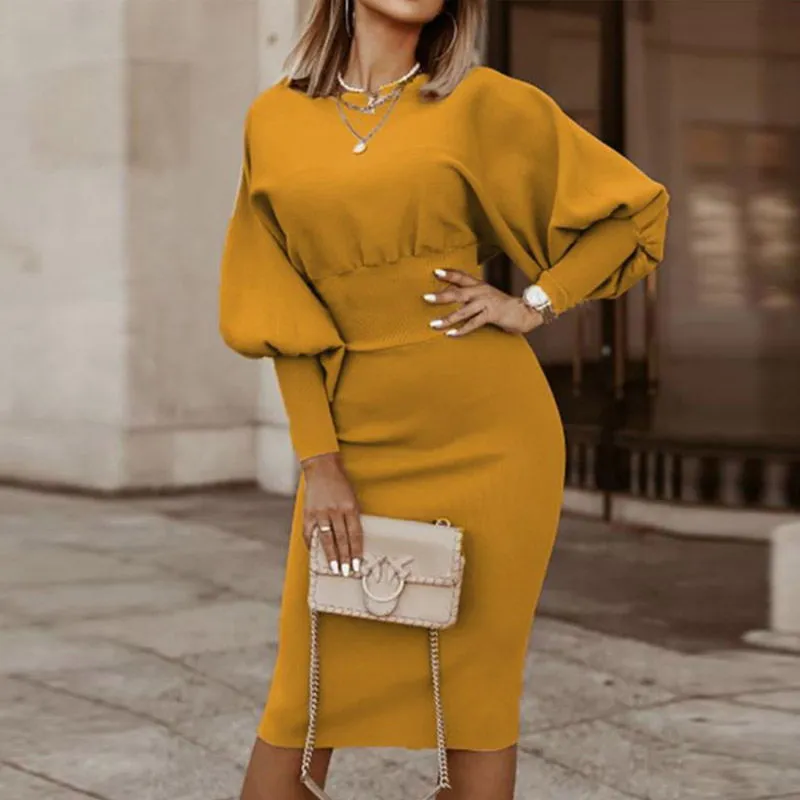 Women's Long Sleeve Lantern Sleeve Waist Slim Fit Hedging Temperament Wrapped Hip Dress